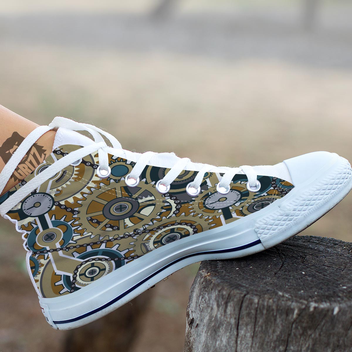 Cogwheels Steampunk Print White High Top Shoes-grizzshop