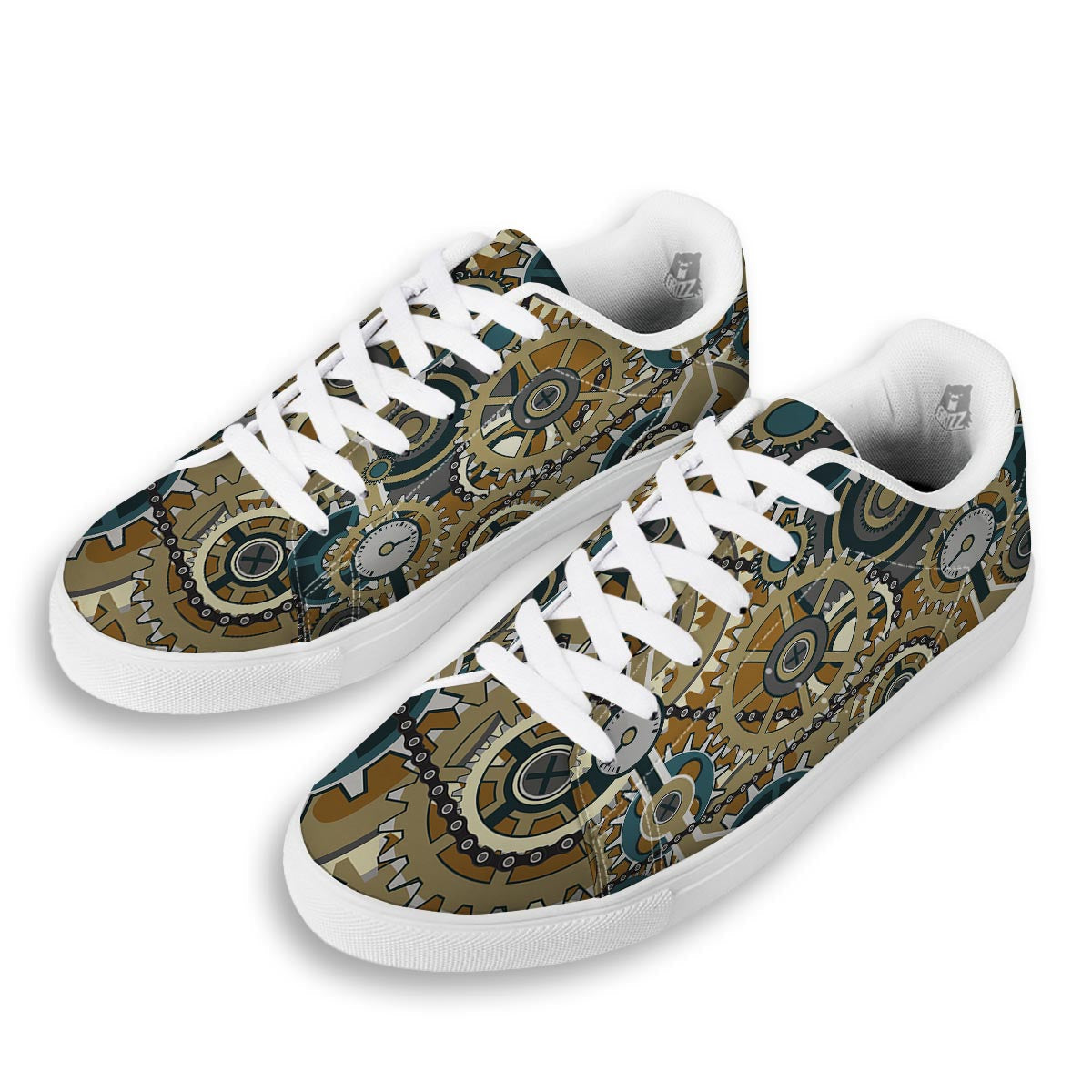 Cogwheels Steampunk Print White Low Top Sneakers-grizzshop