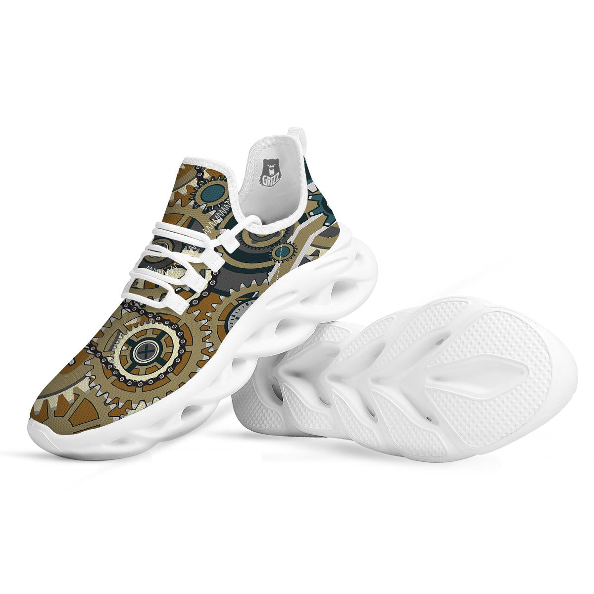 Cogwheels Steampunk Print White Running Shoes-grizzshop