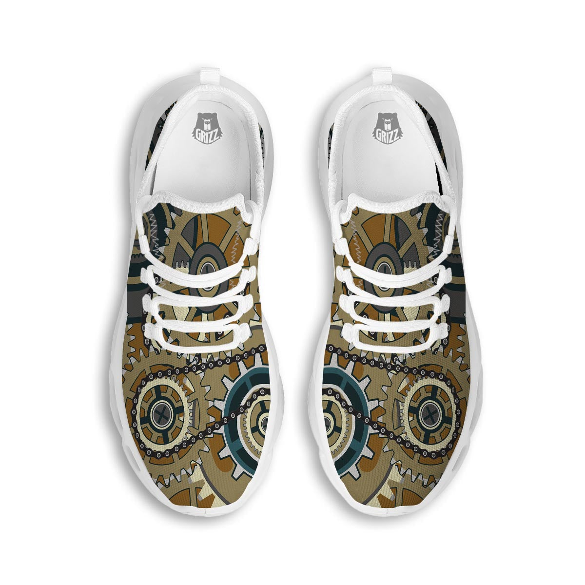 Cogwheels Steampunk Print White Running Shoes-grizzshop