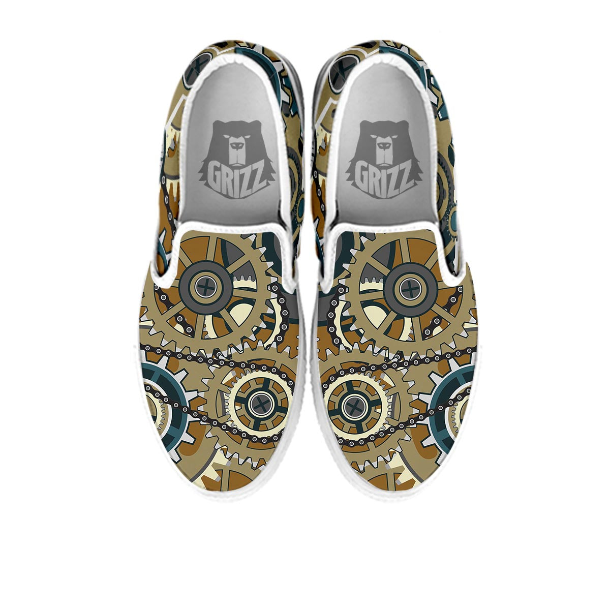 Cogwheels Steampunk Print White Slip On Shoes-grizzshop