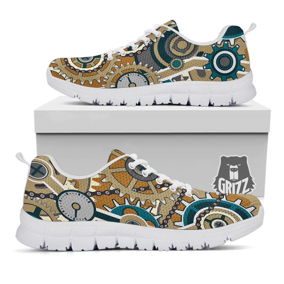 Cogwheels Steampunk Print White Sneaker-grizzshop