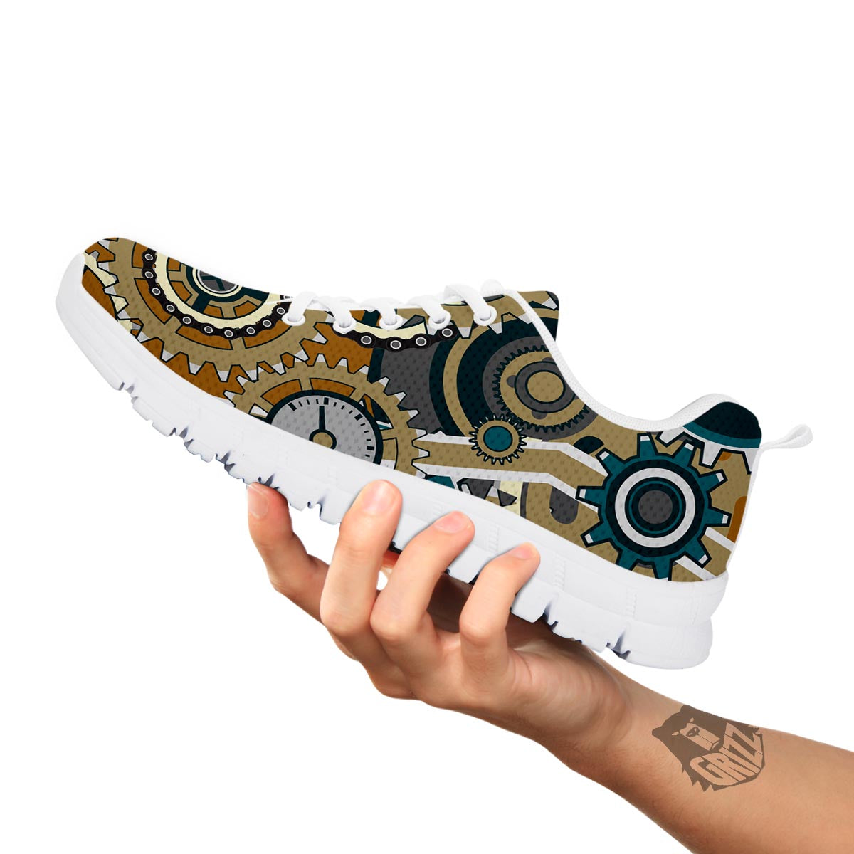 Cogwheels Steampunk Print White Sneaker-grizzshop