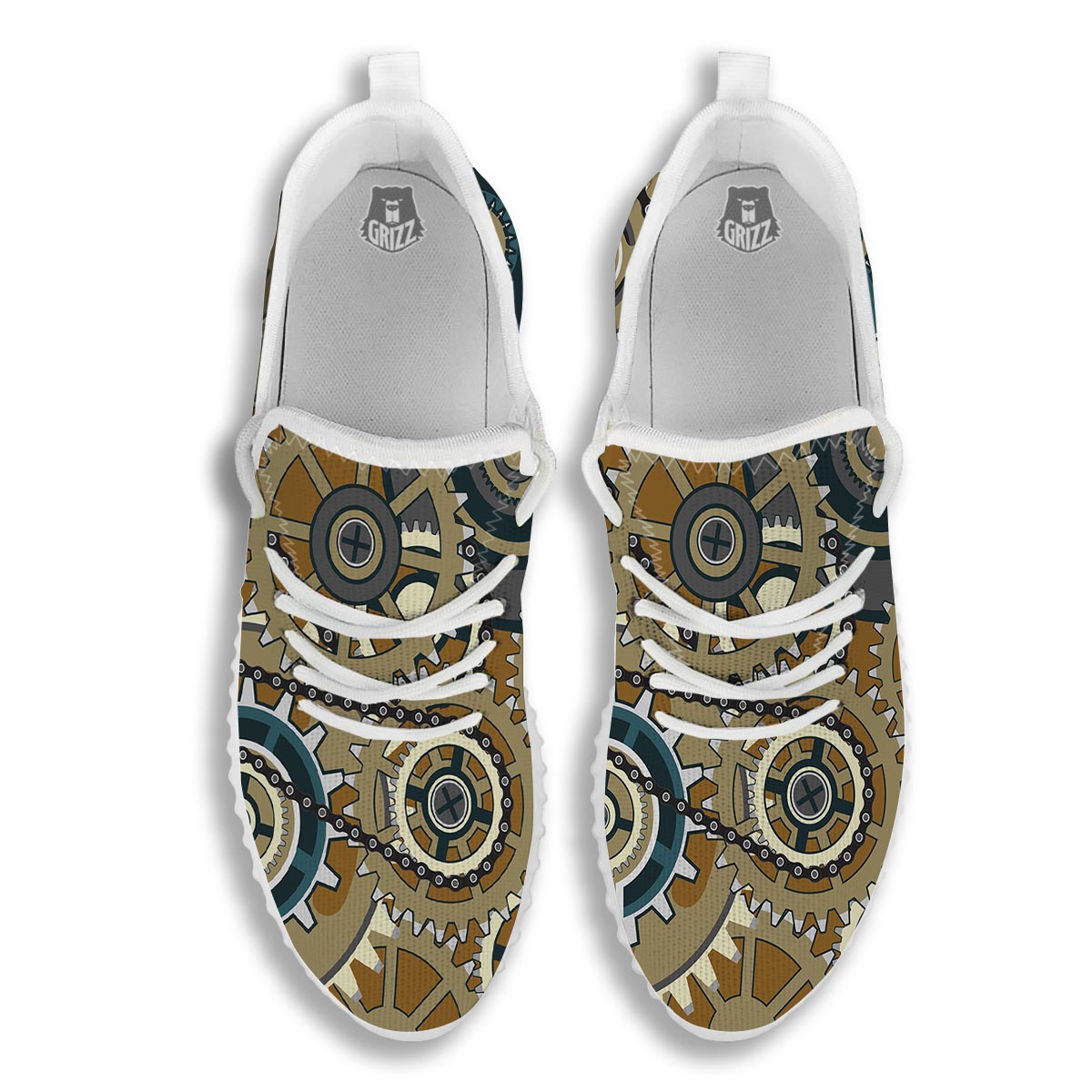 Cogwheels Steampunk Print White Walking Shoes-grizzshop