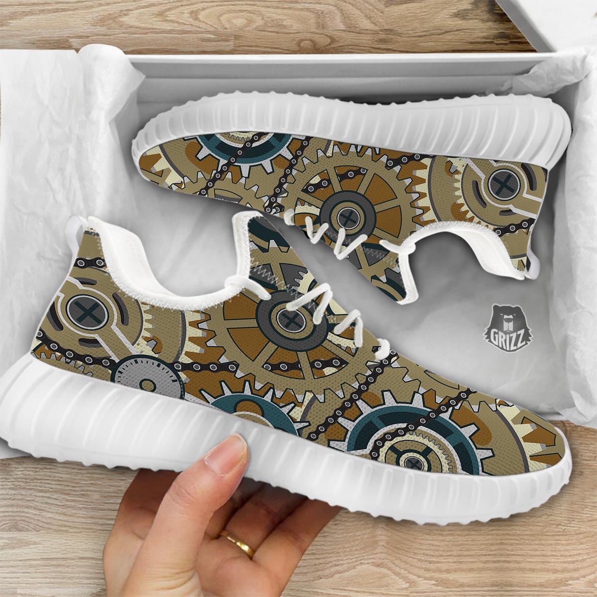 Cogwheels Steampunk Print White Walking Shoes-grizzshop