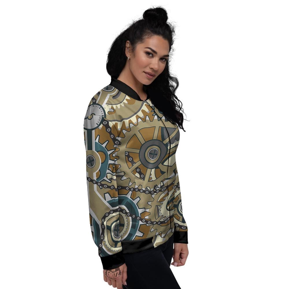 Cogwheels Steampunk Print Women's Bomber Jacket-grizzshop