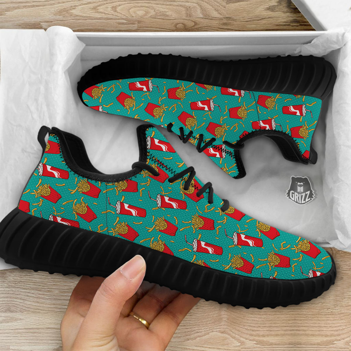 Cola And French Fries Print Pattern Black Walking Shoes-grizzshop