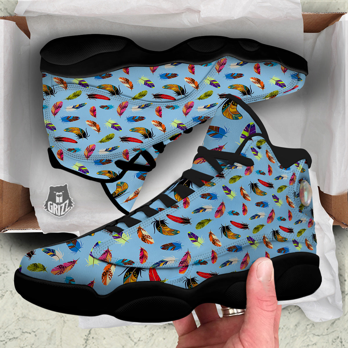 Colored Feathers Print Pattern Black Basketball Shoes-grizzshop