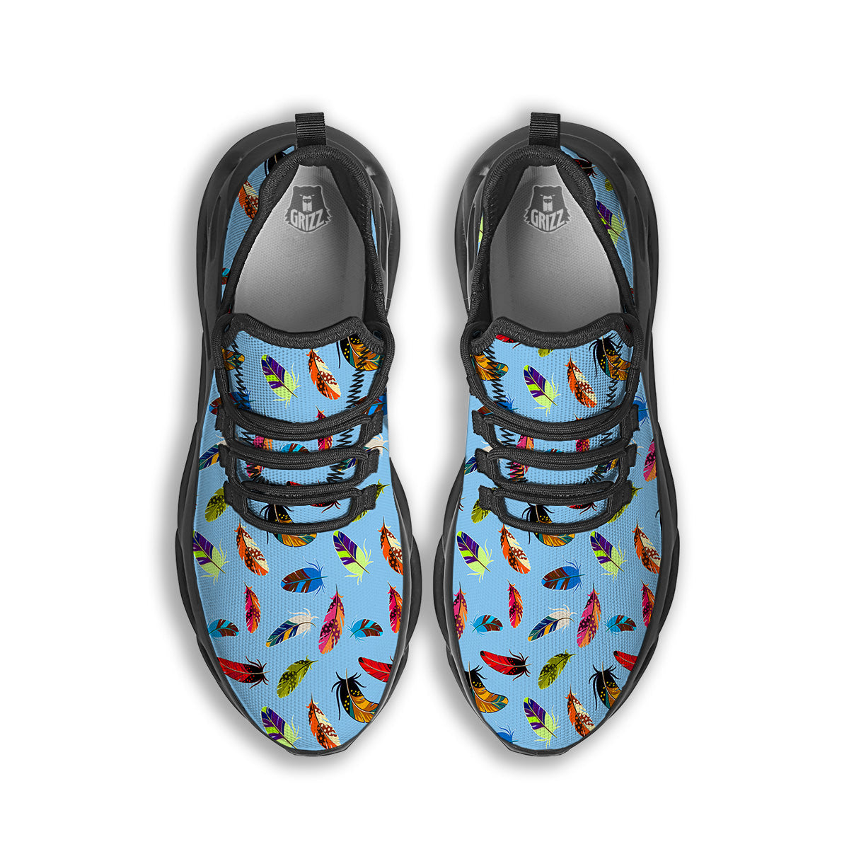 Colored Feathers Print Pattern Black Running Shoes-grizzshop