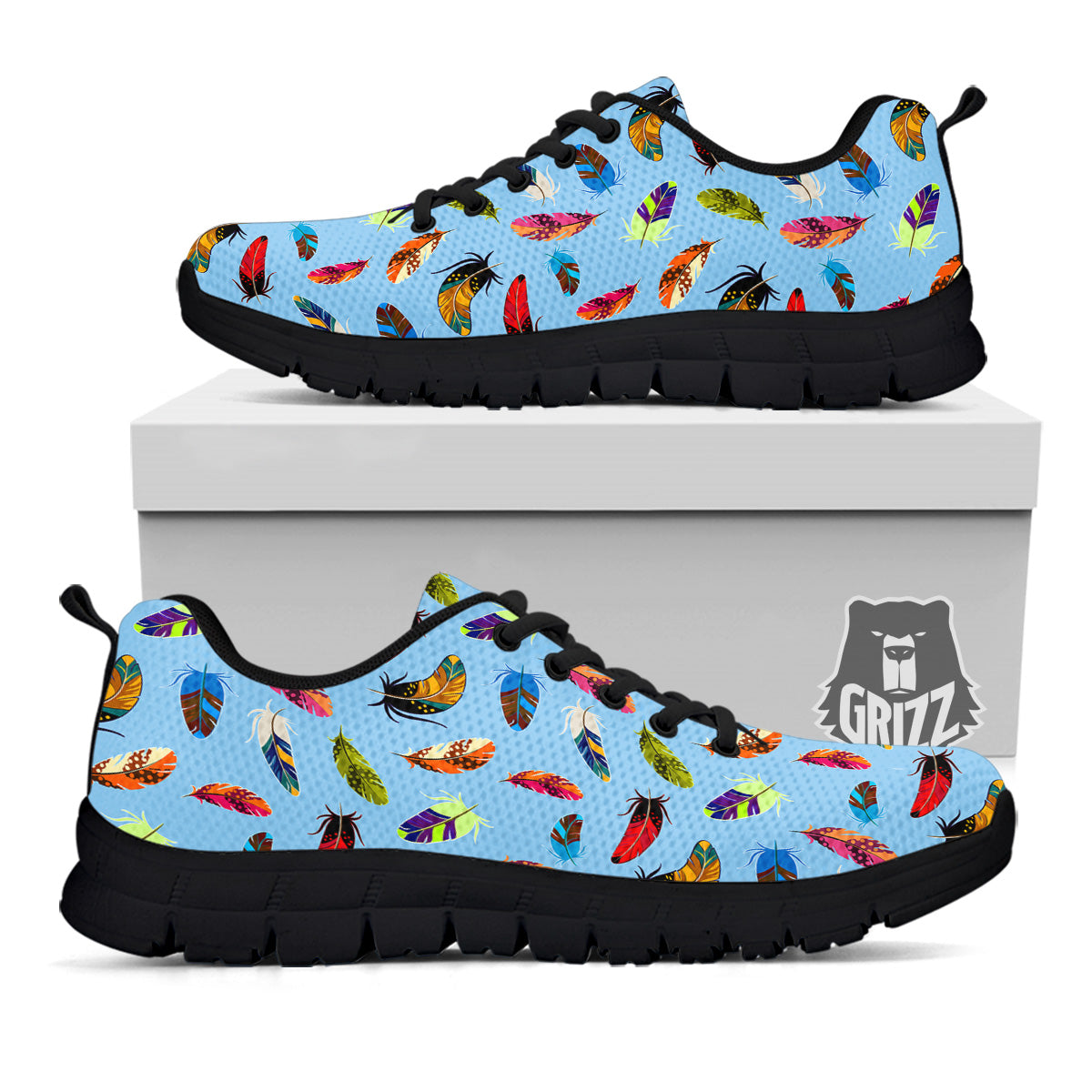 Colored Feathers Print Pattern Black Sneaker-grizzshop
