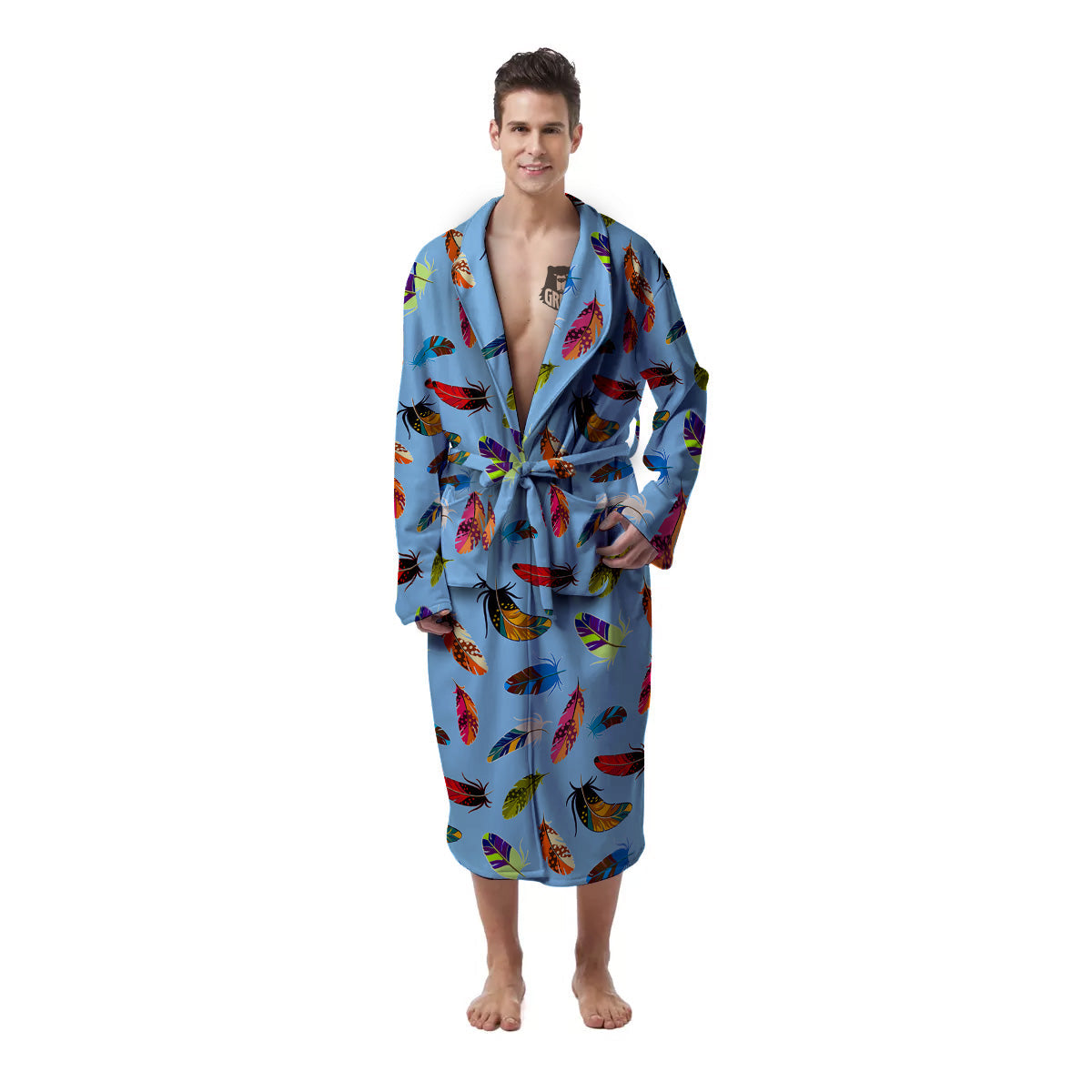 Colored Feathers Print Pattern Men's Robe-grizzshop