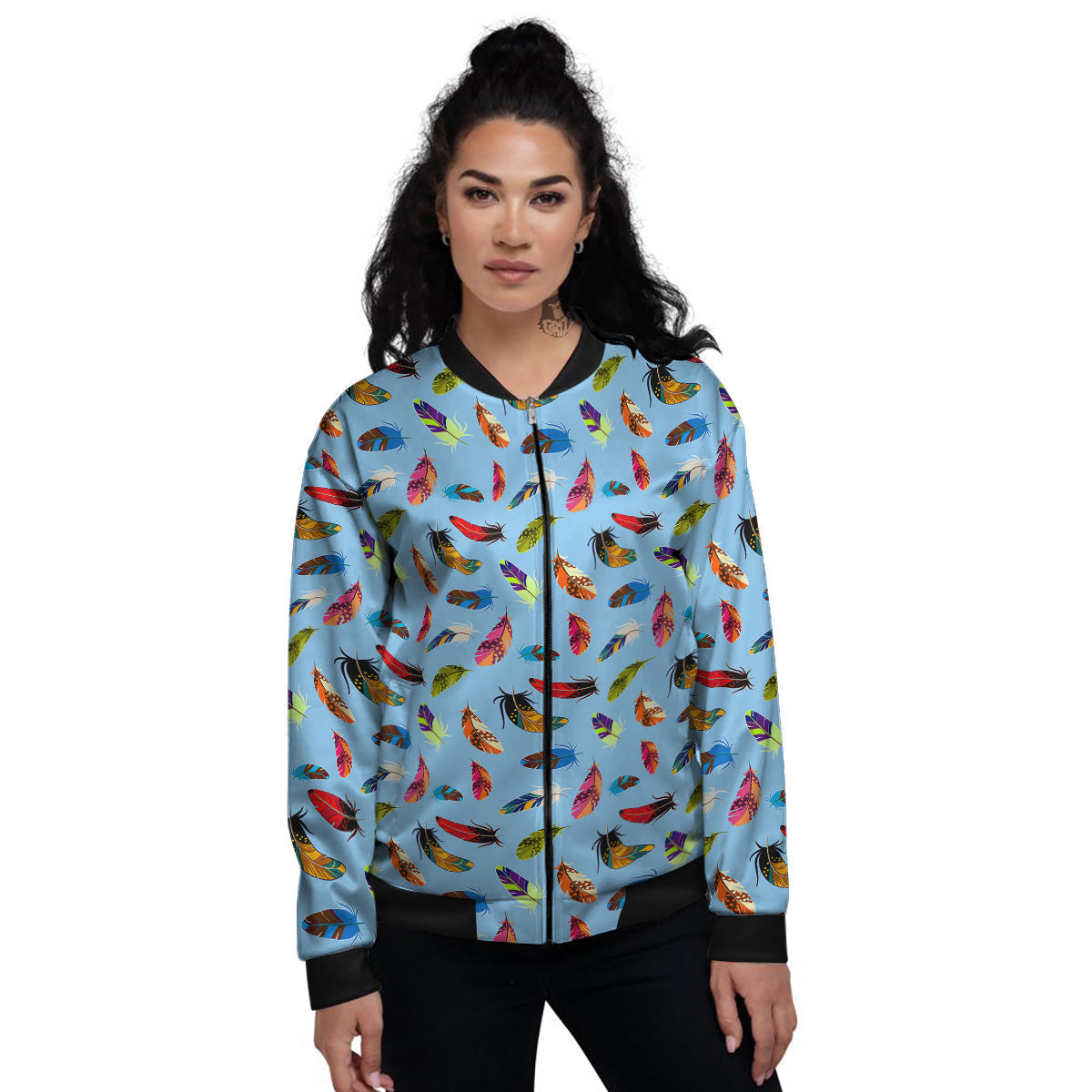 Colored Feathers Print Pattern Women's Bomber Jacket-grizzshop