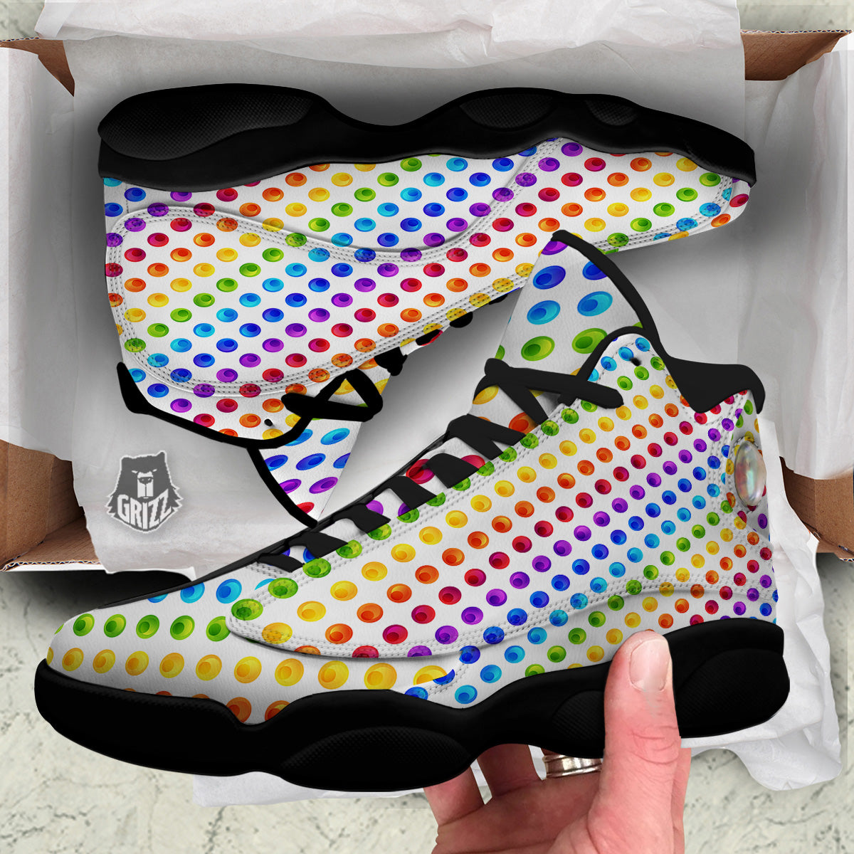 Colored Polka Dots Rainbow Print Pattern Black Basketball Shoes-grizzshop