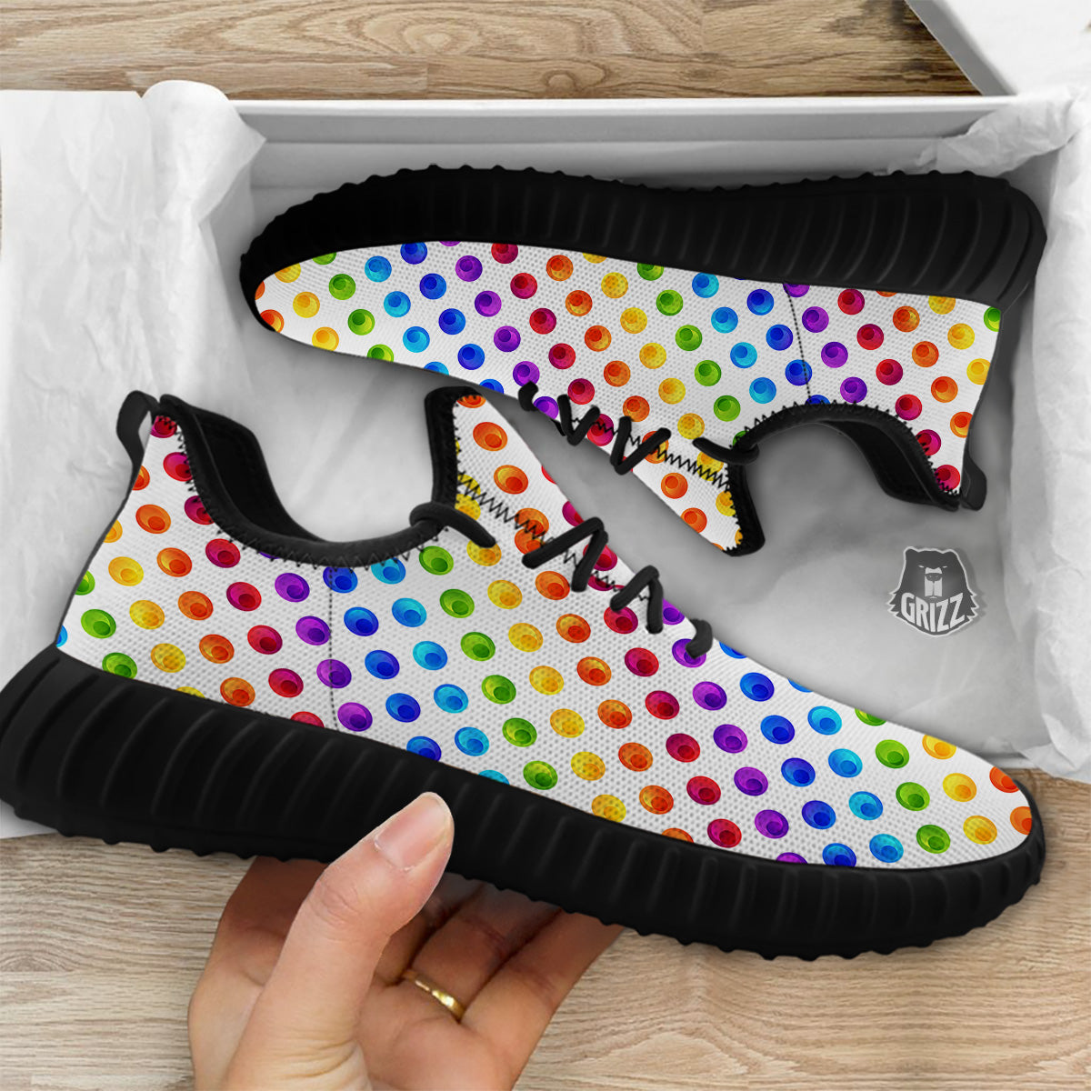 Colored Polka Dots Rainbow Print Pattern Black Walking Shoes-grizzshop