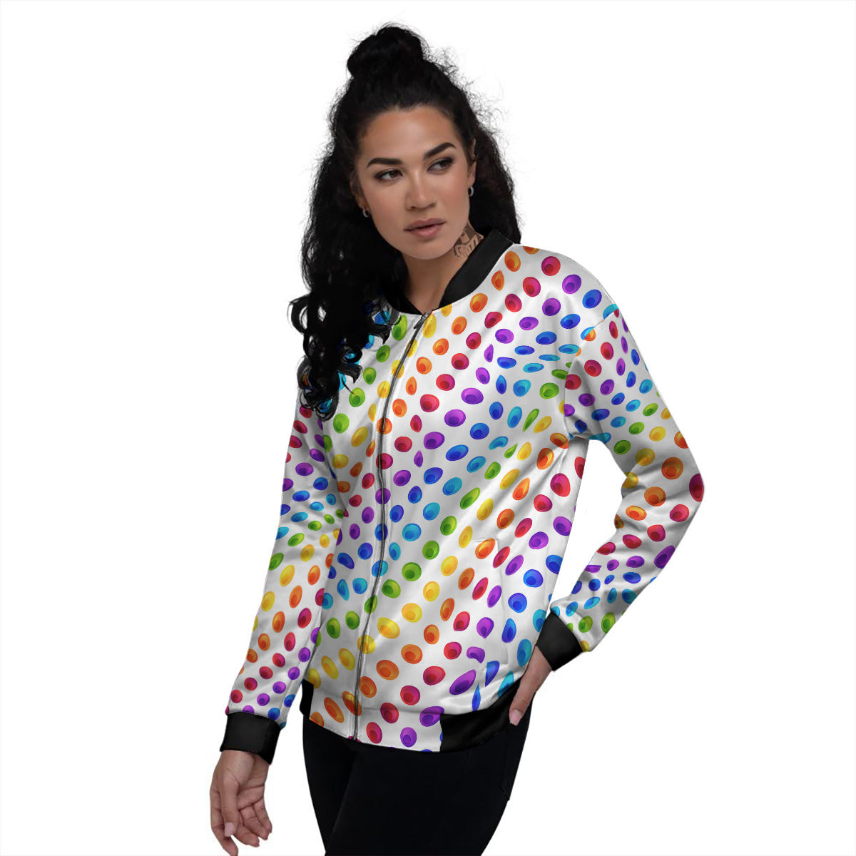 Colored Polka Dots Rainbow Print Pattern Women's Bomber Jacket-grizzshop
