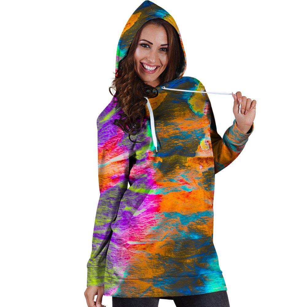 Colorful Abstract Tie Dye Hoodie Dress-grizzshop
