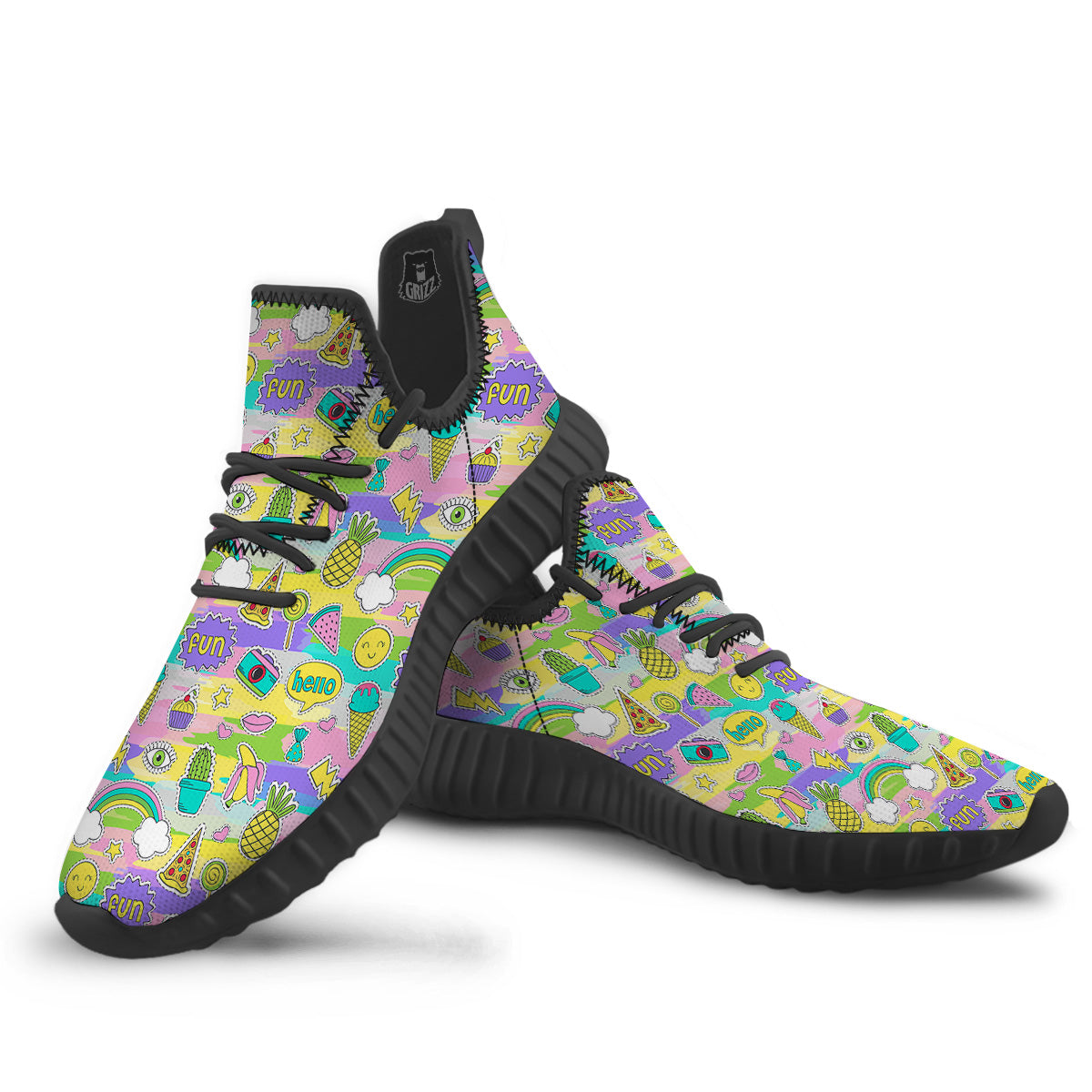 Colorful And Cute Stickers Print Pattern Black Walking Shoes-grizzshop