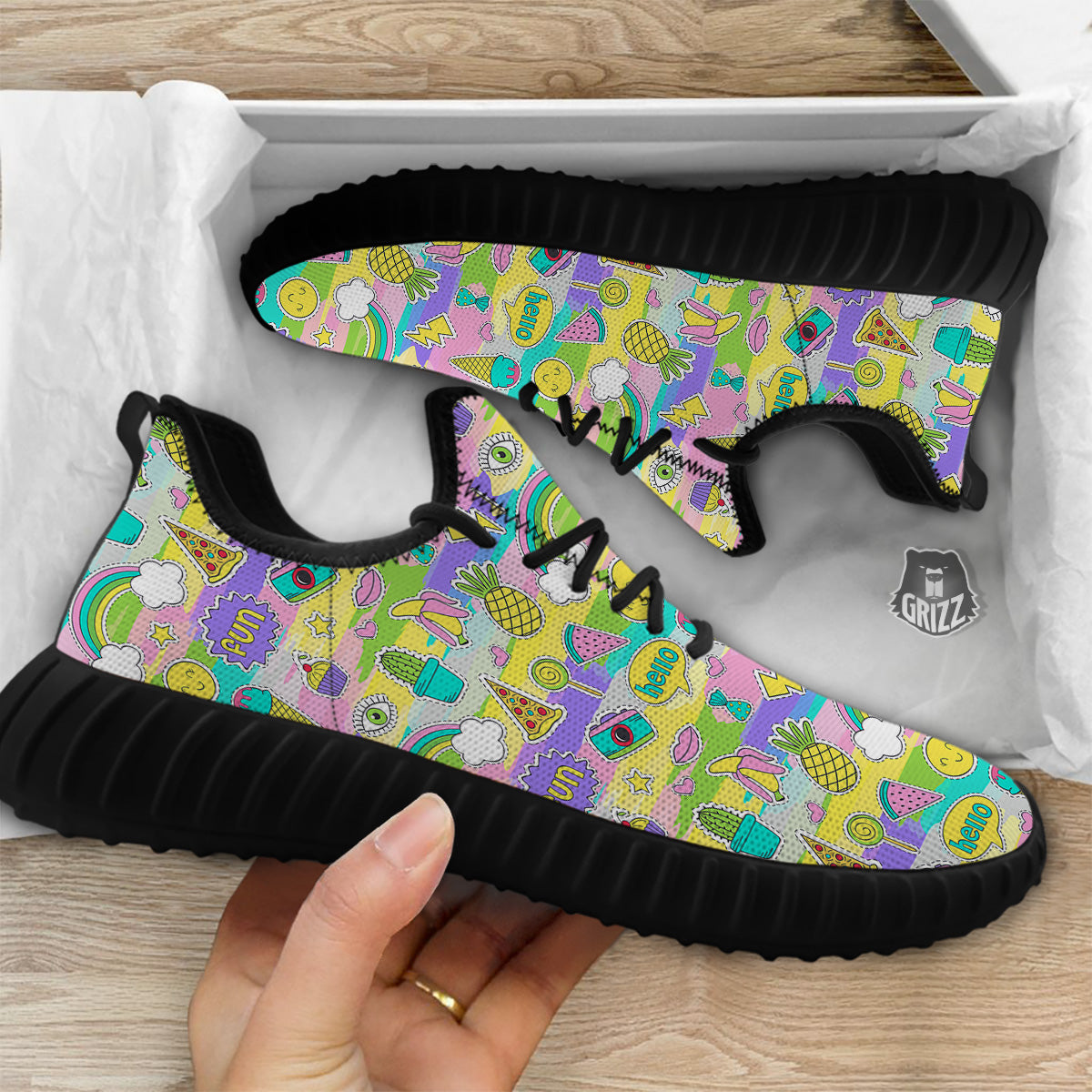 Colorful And Cute Stickers Print Pattern Black Walking Shoes-grizzshop