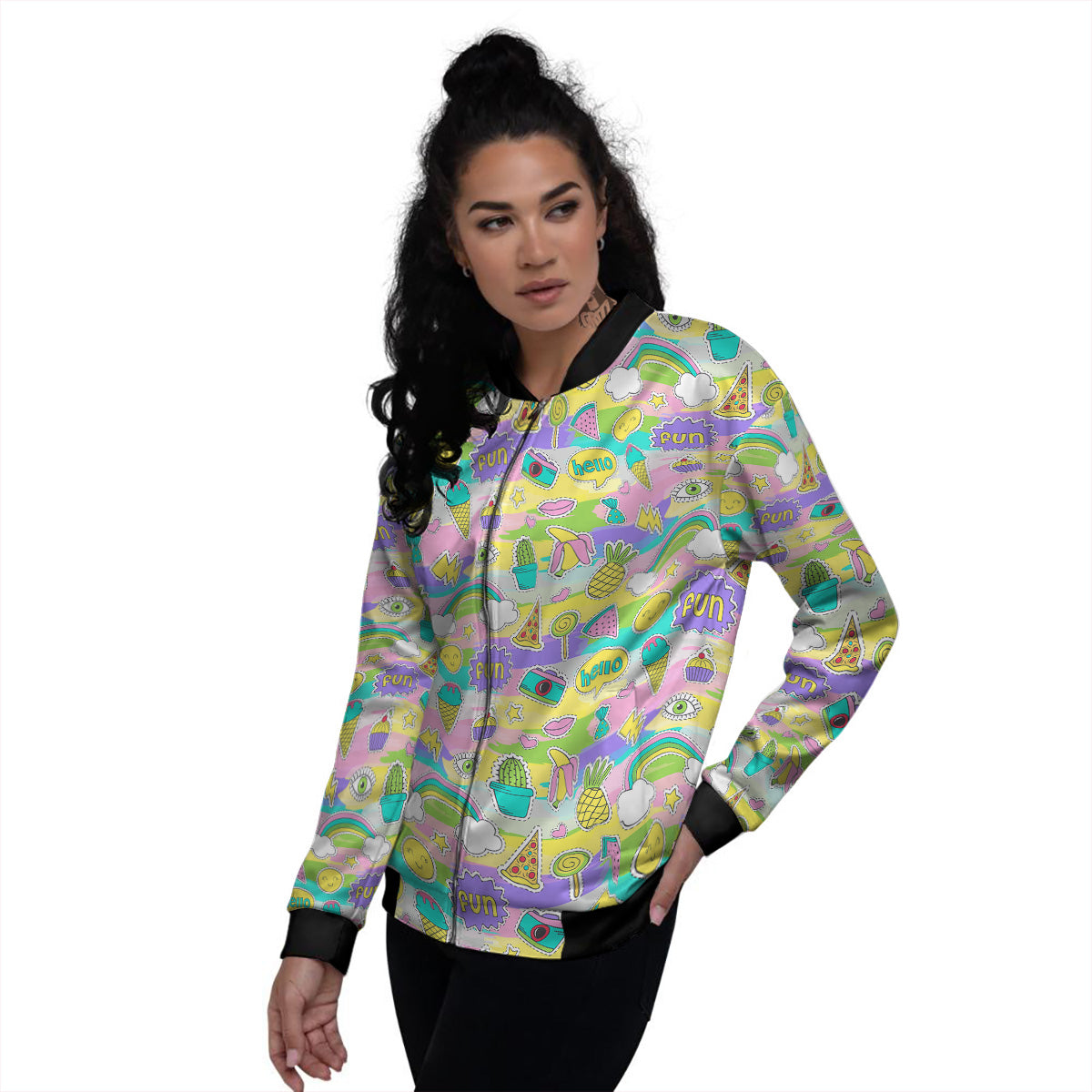 Colorful And Cute Stickers Print Pattern Women's Bomber Jacket-grizzshop