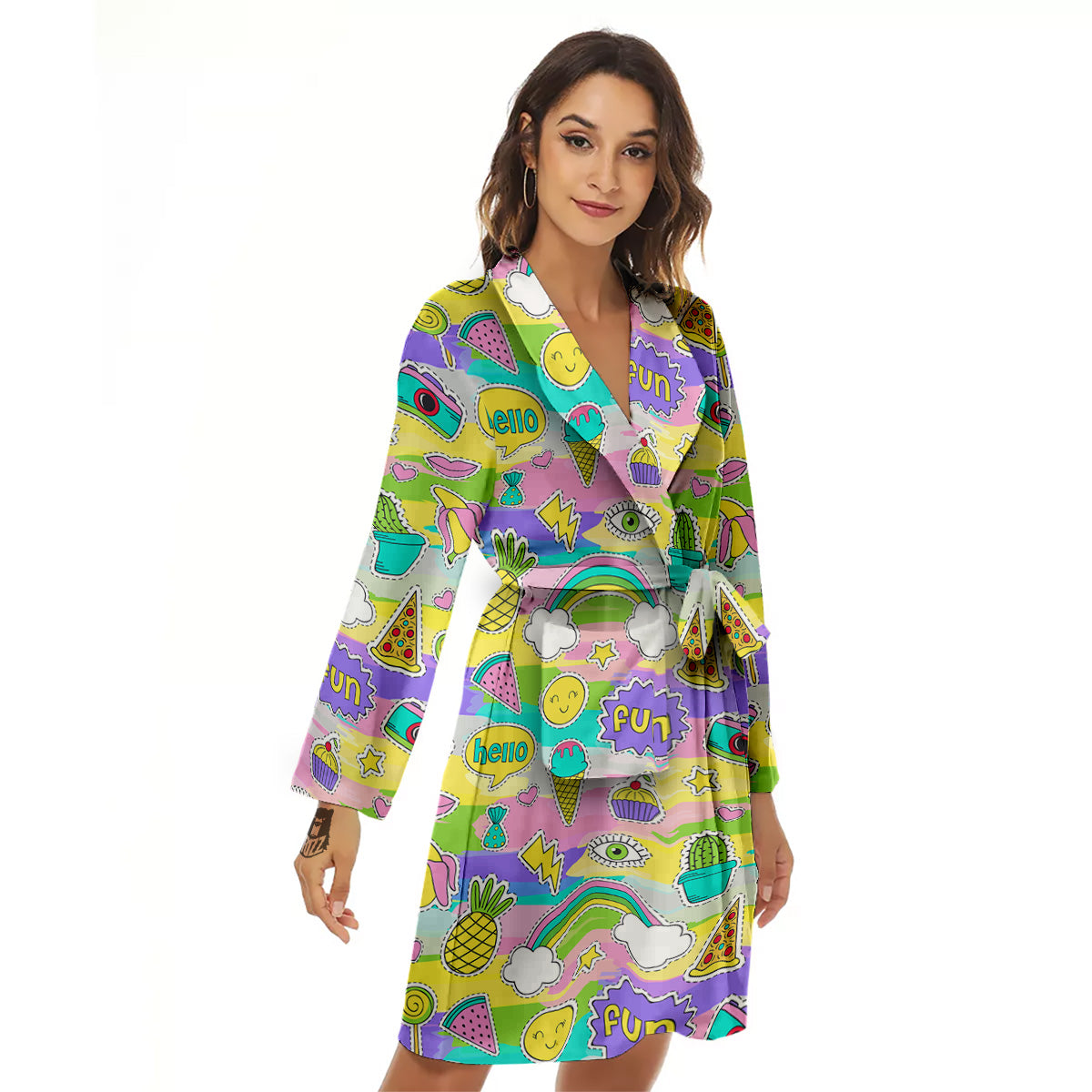 Colorful And Cute Stickers Print Pattern Women's Robe-grizzshop