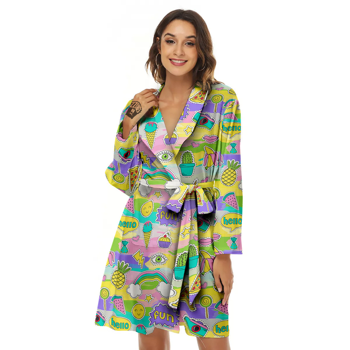 Colorful And Cute Stickers Print Pattern Women's Robe-grizzshop