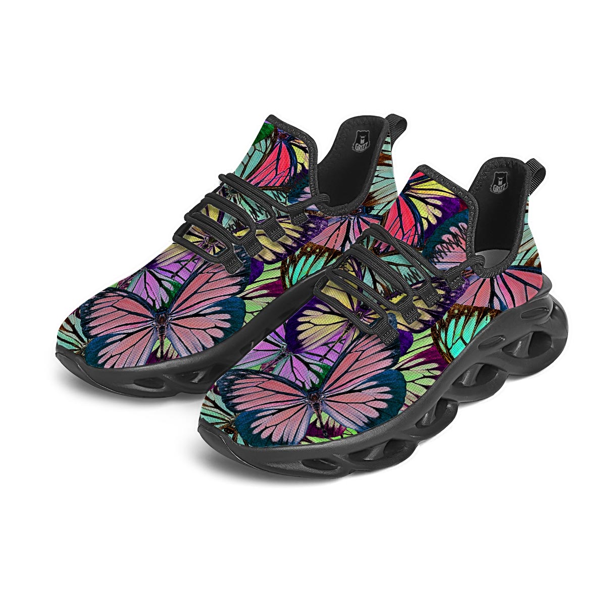 Colorful Butterfly Print Black Running Shoes-grizzshop