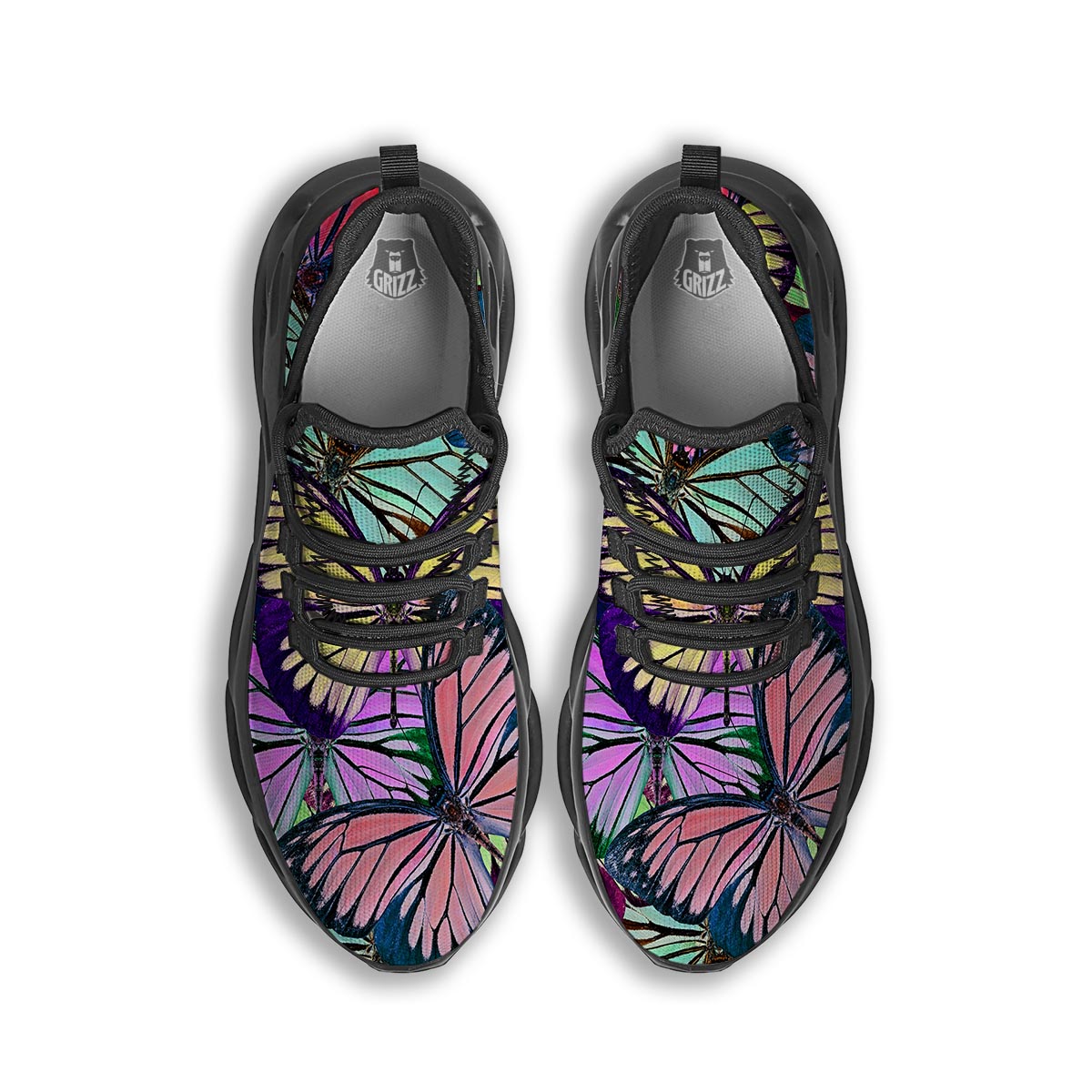 Colorful Butterfly Print Black Running Shoes-grizzshop