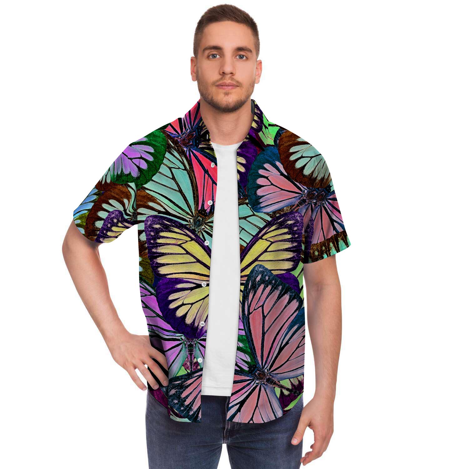 Colorful Butterfly Print Men's Short Sleeve Shirt-grizzshop