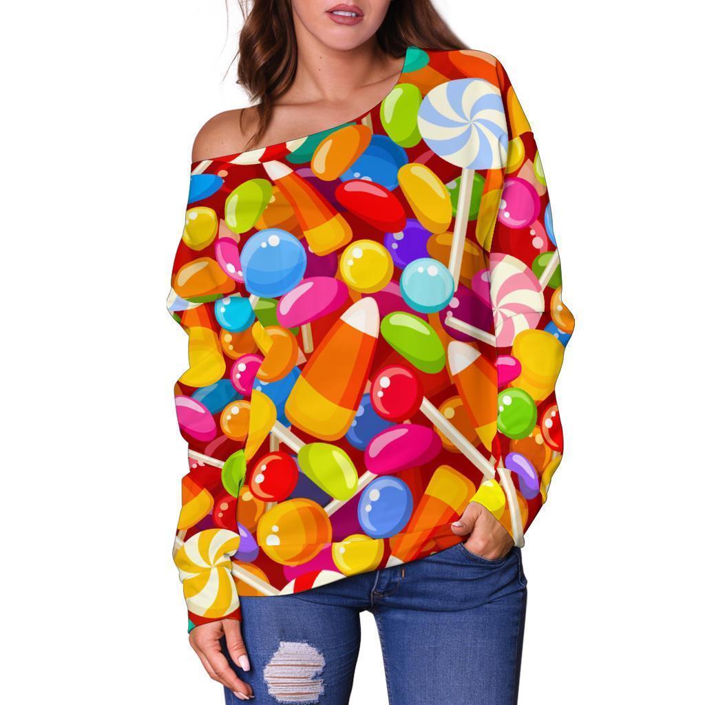 Colorful Candy Pattern Print Women Off Shoulder Sweatshirt-grizzshop