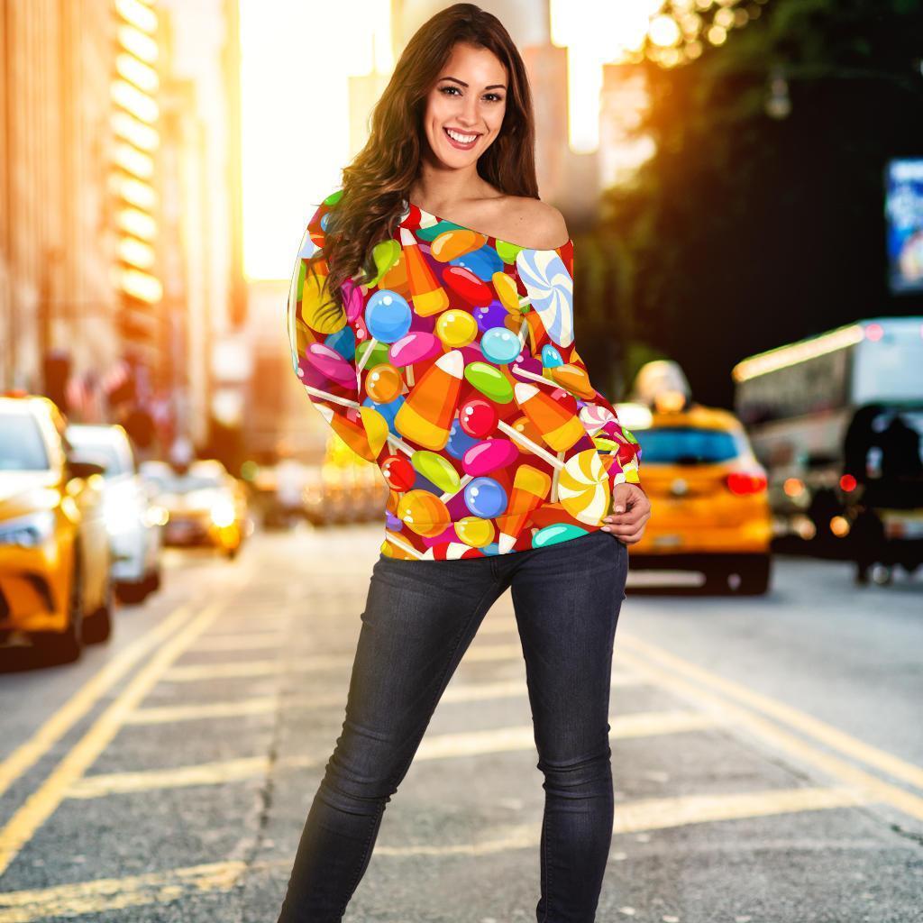 Colorful Candy Pattern Print Women Off Shoulder Sweatshirt-grizzshop