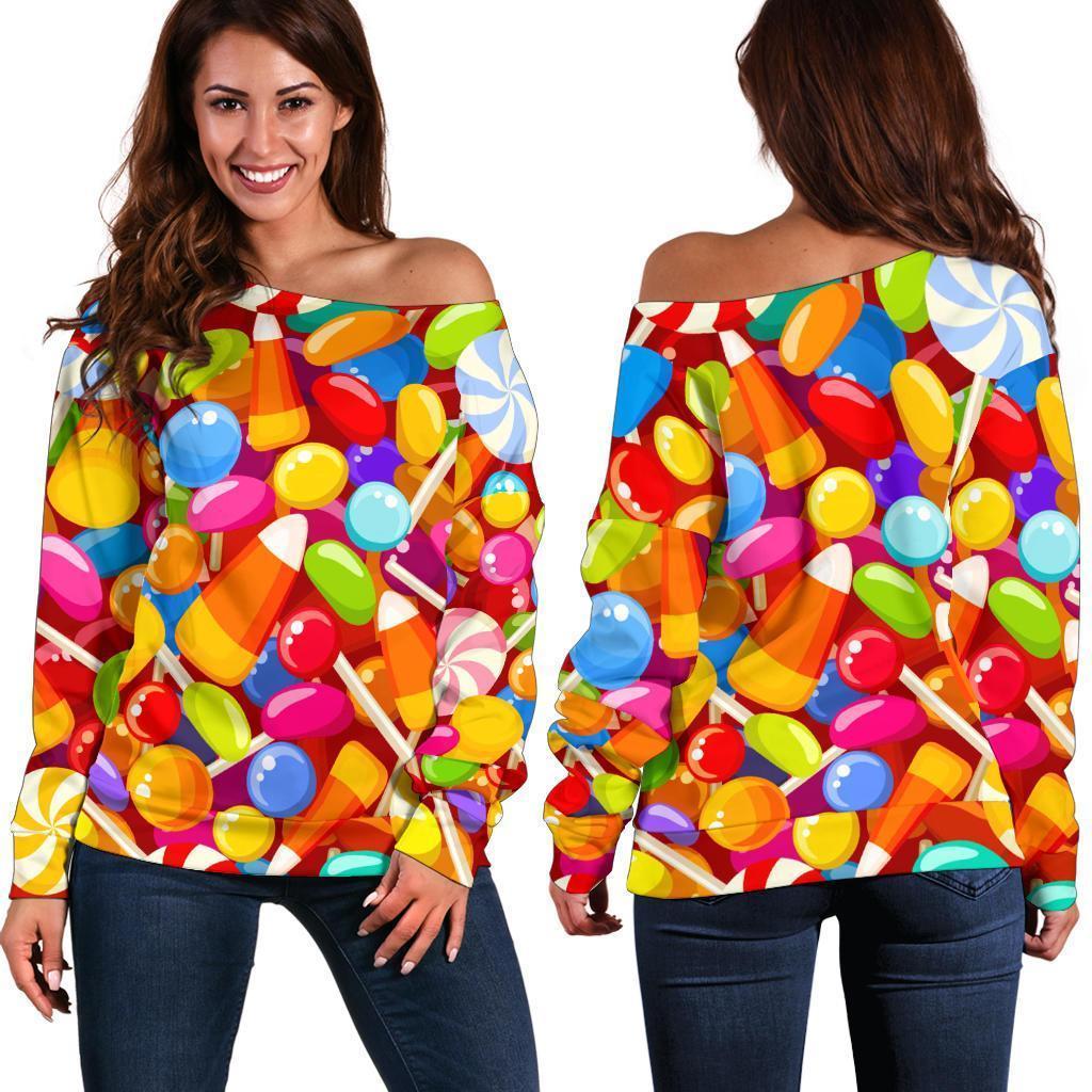 Colorful Candy Pattern Print Women Off Shoulder Sweatshirt-grizzshop