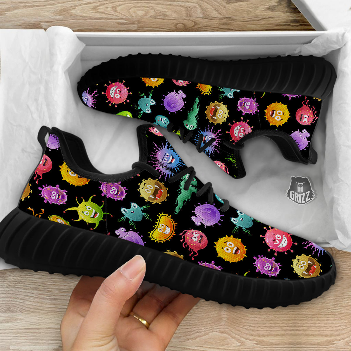 Colorful Cartoon Viruses Print Pattern Black Walking Shoes-grizzshop