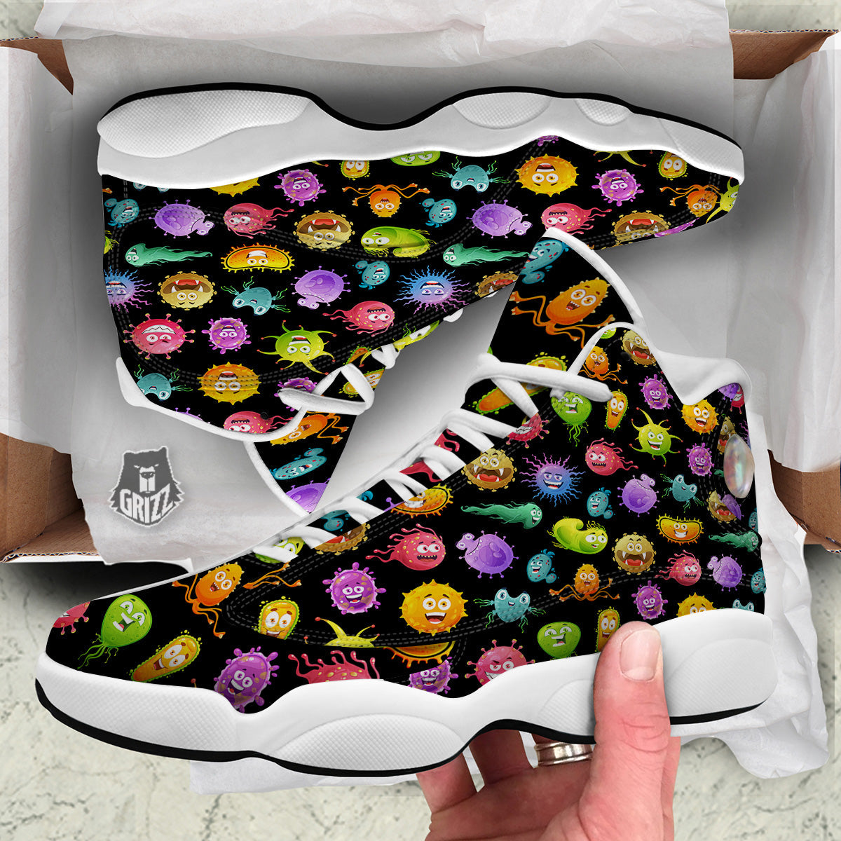 Colorful Cartoon Viruses Print Pattern White Basketball Shoes-grizzshop