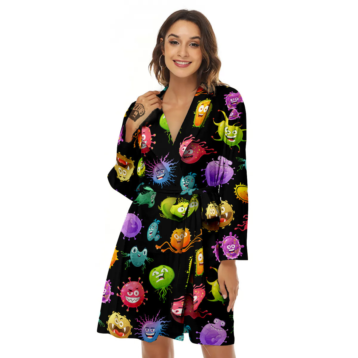 Colorful Cartoon Viruses Print Pattern Women's Robe-grizzshop