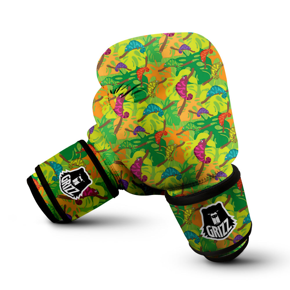 Colorful Chamaleon And Monstera Tropic Leave Print Pattern Boxing Gloves-grizzshop