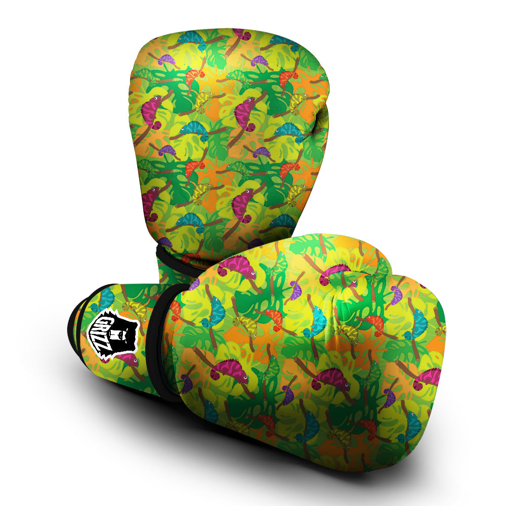 Colorful Chamaleon And Monstera Tropic Leave Print Pattern Boxing Gloves-grizzshop