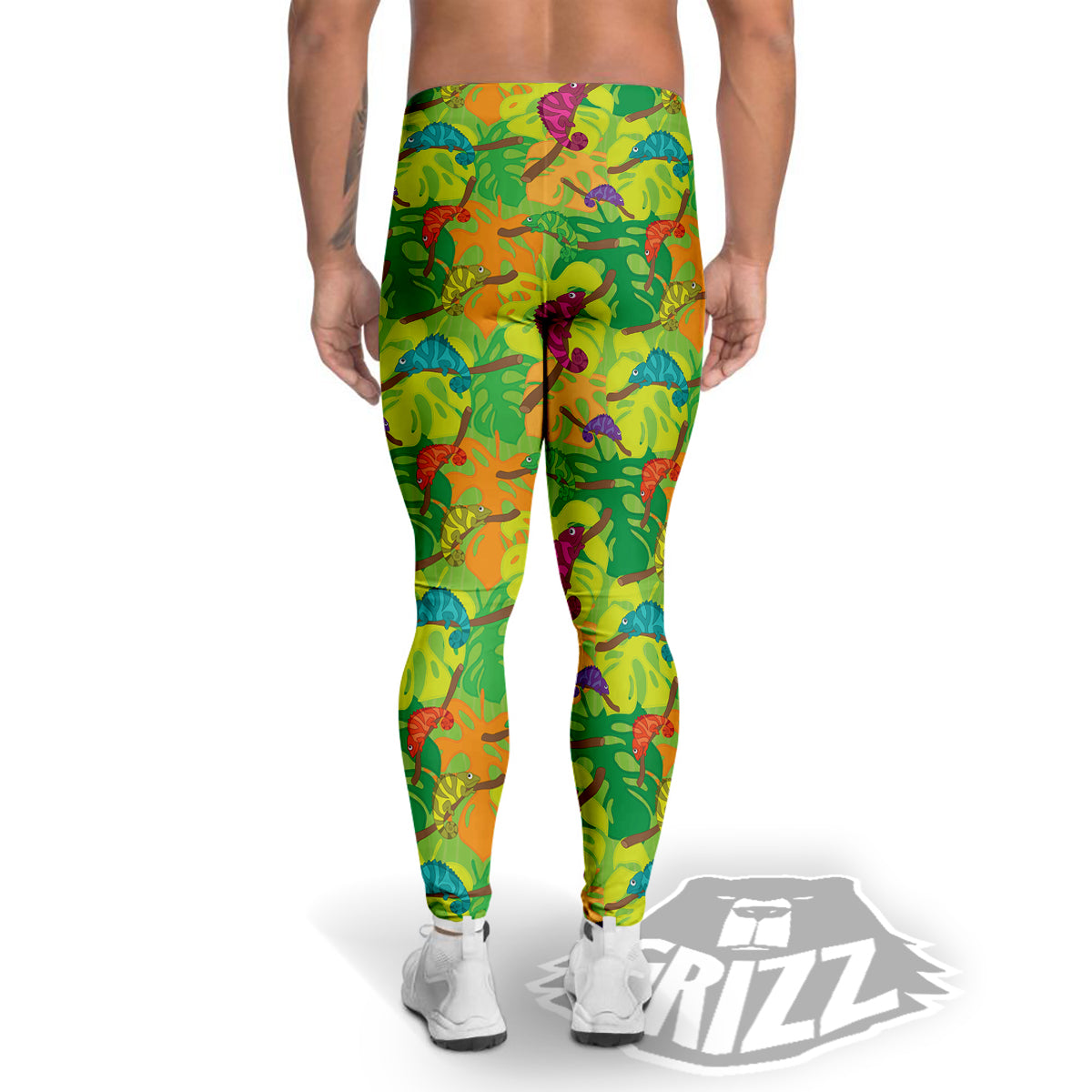 Colorful Chamaleon And Monstera Tropic Leave Print Pattern Men's Leggings-grizzshop