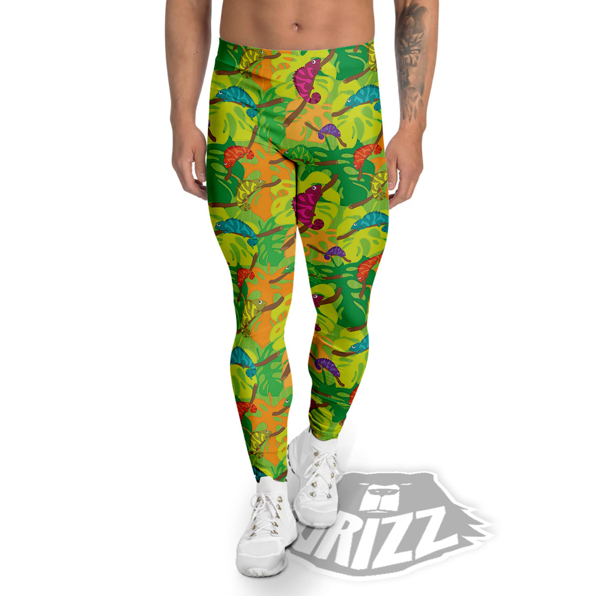 Colorful Chamaleon And Monstera Tropic Leave Print Pattern Men's Leggings-grizzshop