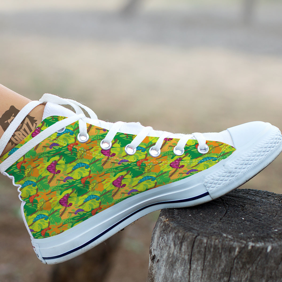 Colorful Chamaleon And Monstera Tropic Leave Print Pattern White High Top Shoes-grizzshop
