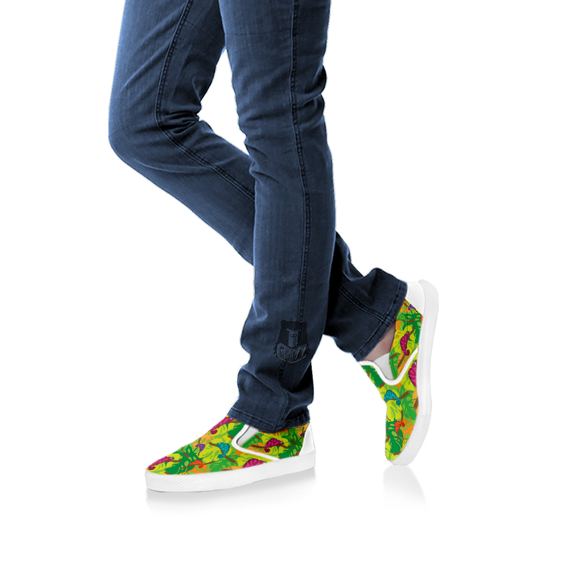 Colorful Chamaleon And Monstera Tropic Leave Print Pattern White Slip On Shoes-grizzshop