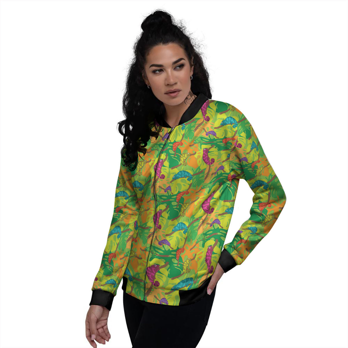 Colorful Chamaleon And Monstera Tropic Leave Print Pattern Women's Bomber Jacket-grizzshop