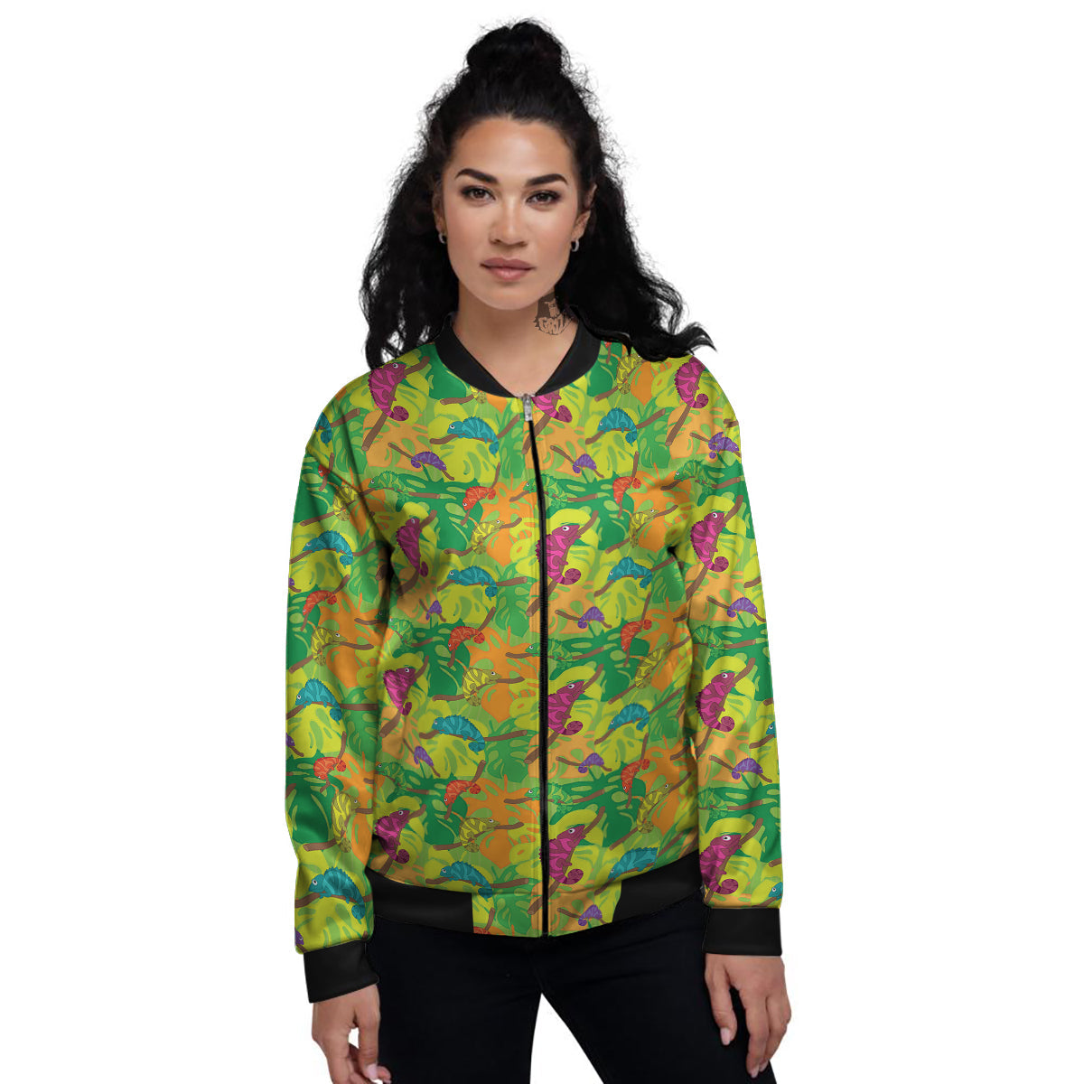 Colorful Chamaleon And Monstera Tropic Leave Print Pattern Women's Bomber Jacket-grizzshop
