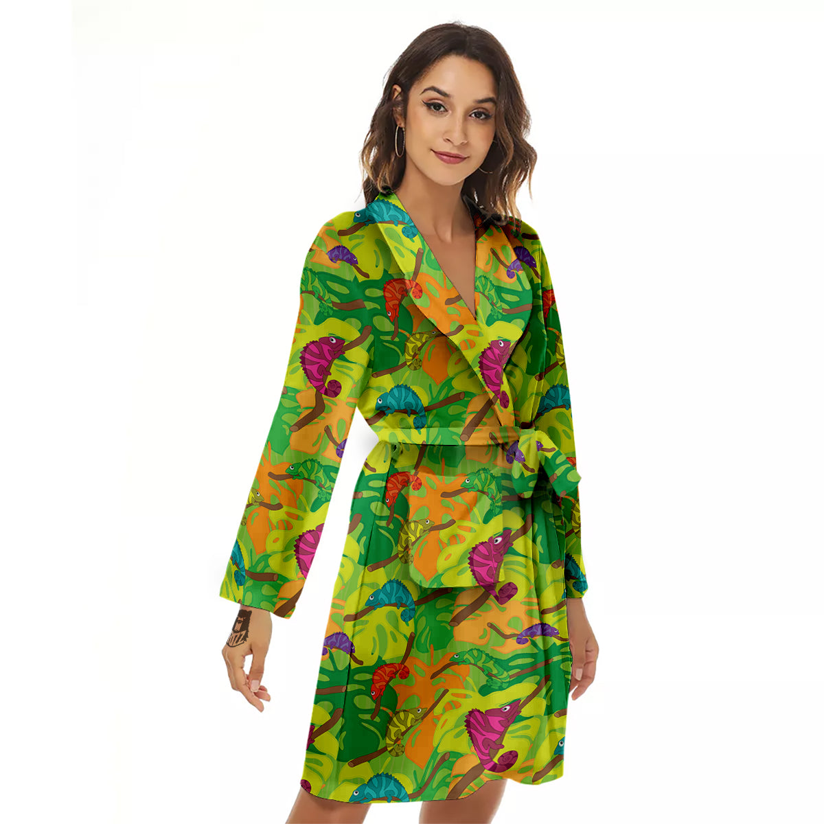 Colorful Chamaleon And Monstera Tropic Leave Print Pattern Women's Robe-grizzshop