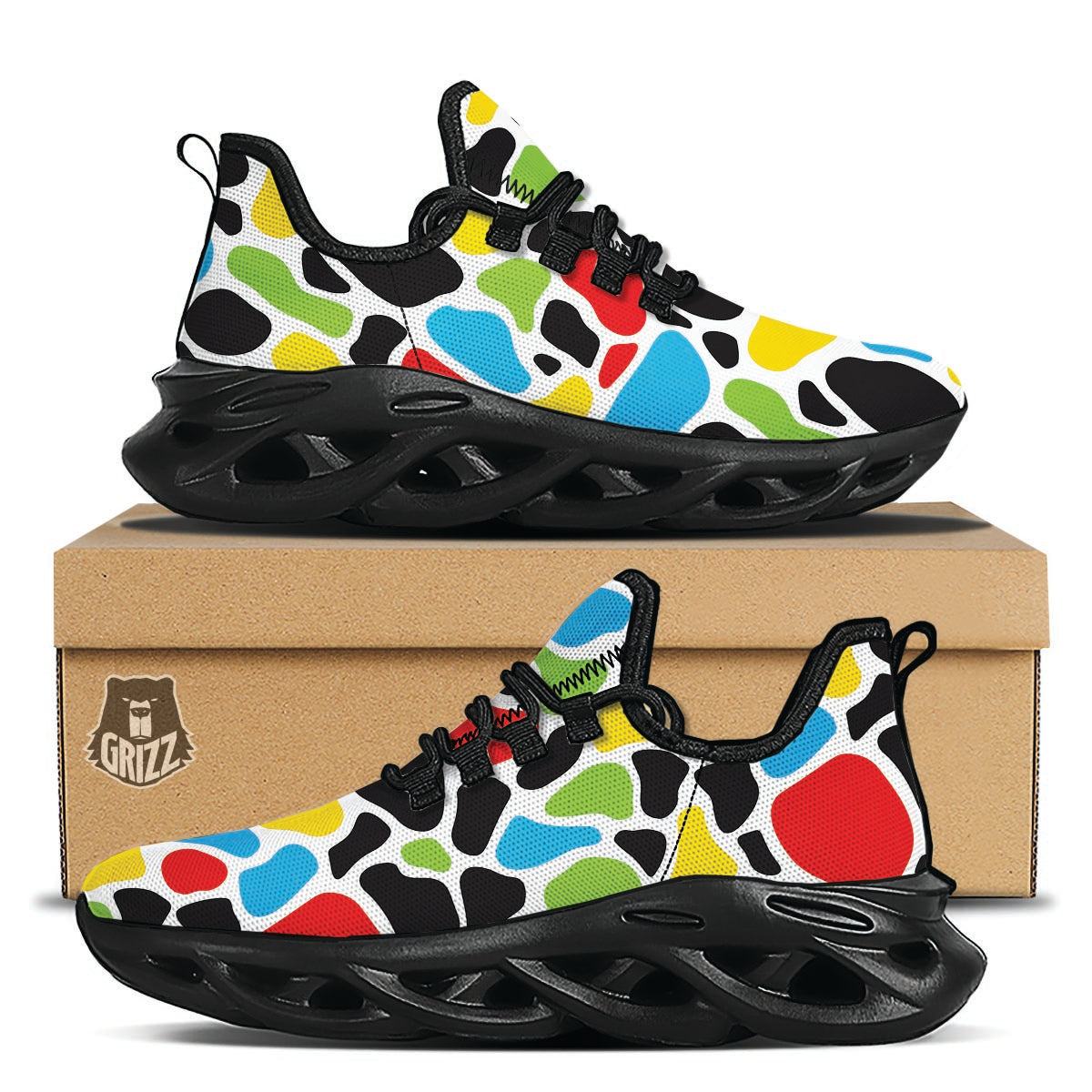 Colorful Cow Print Black Running Shoes-grizzshop
