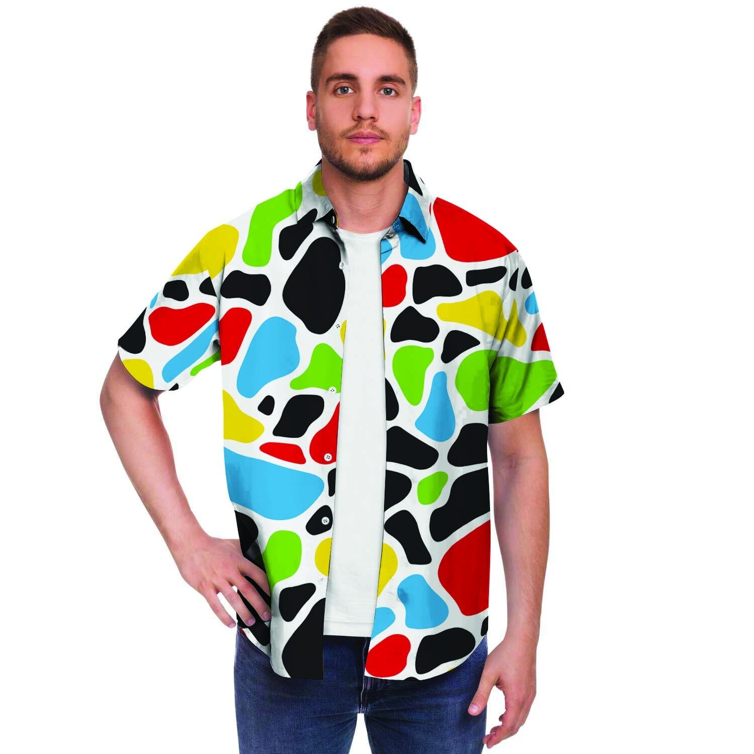 Colorful Cow Print Men's Short Sleeve Shirt-grizzshop