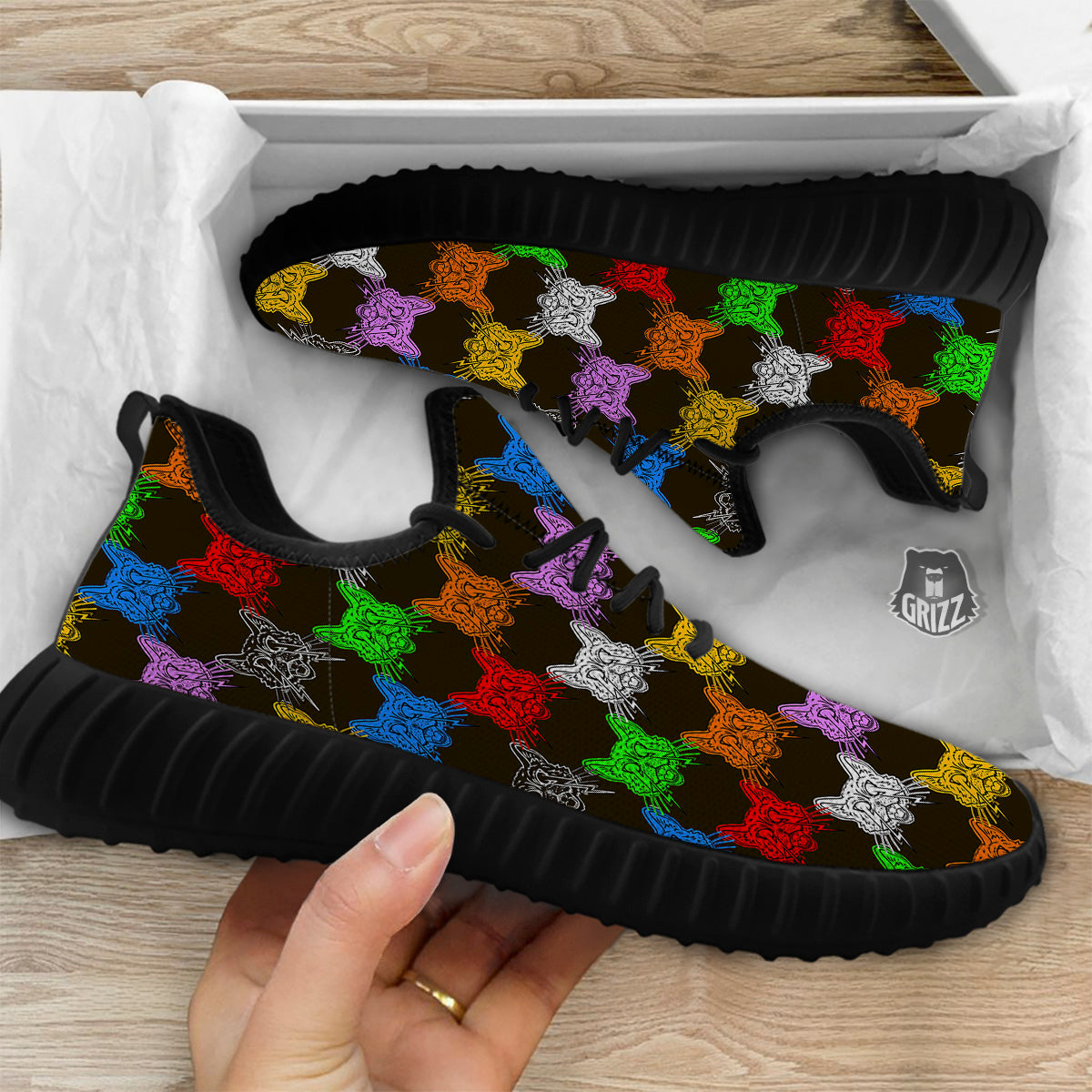 Colorful Crazy Cat Print Pattern Black Walking Shoes-grizzshop