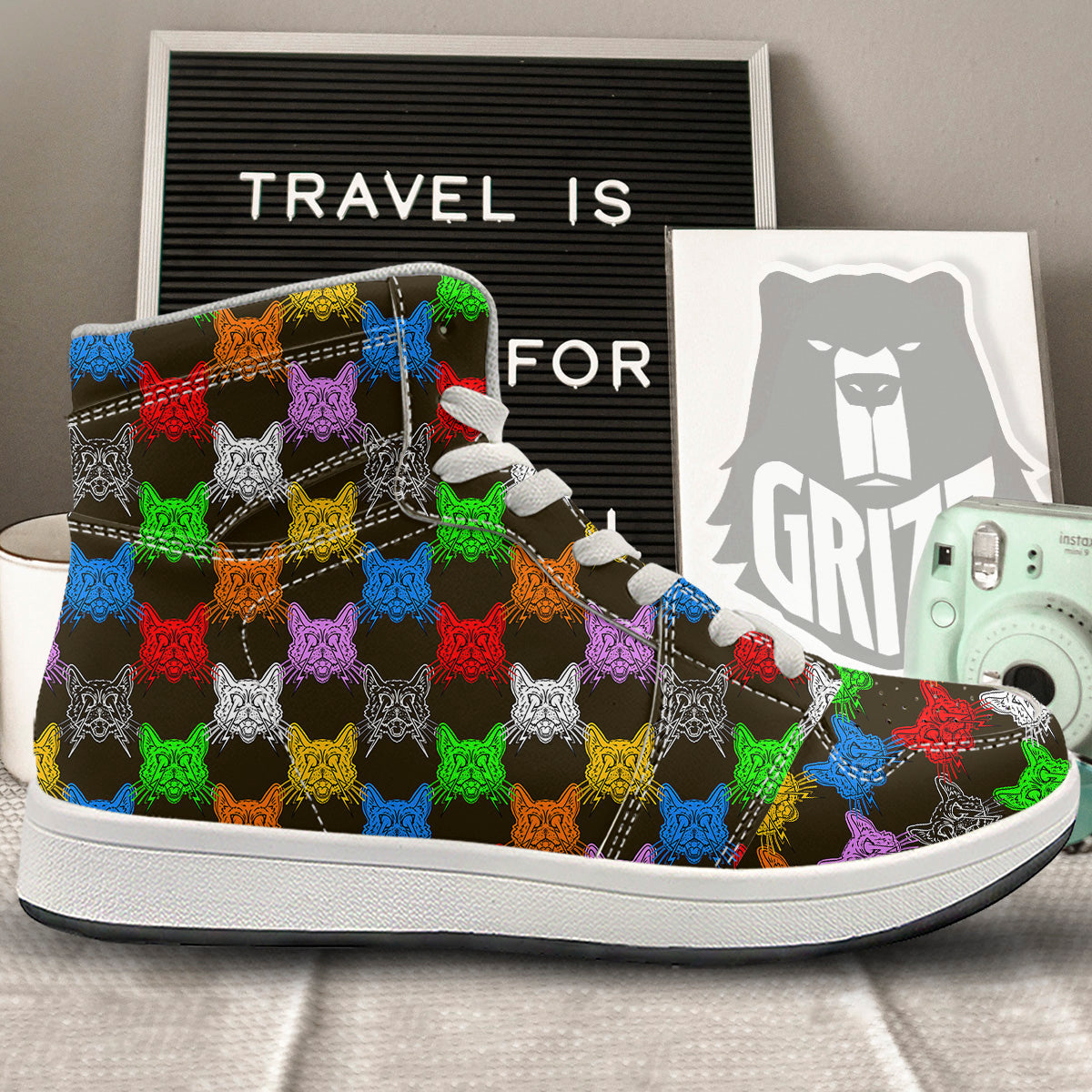 Colorful Crazy Cat Print Pattern High Top Sneakers-grizzshop