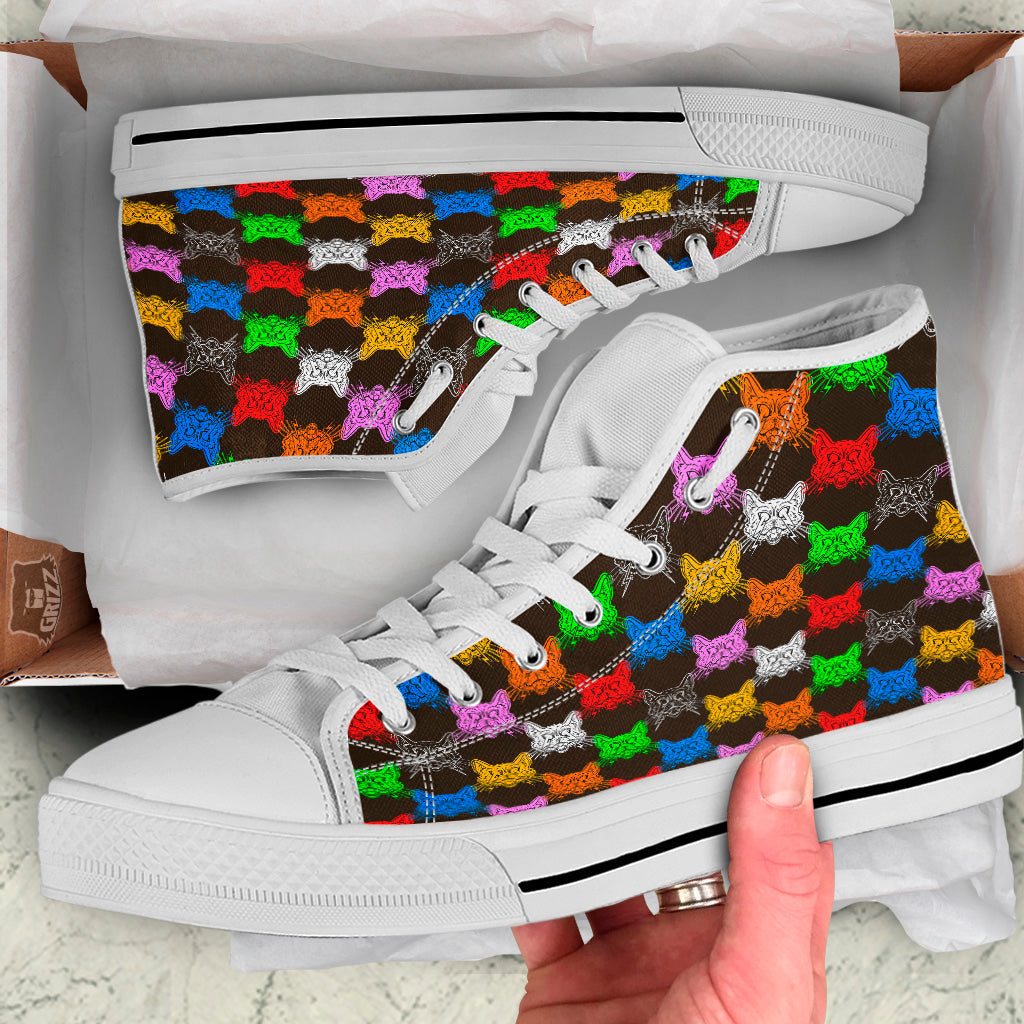 Colorful Crazy Cat Print Pattern White High Top Shoes-grizzshop