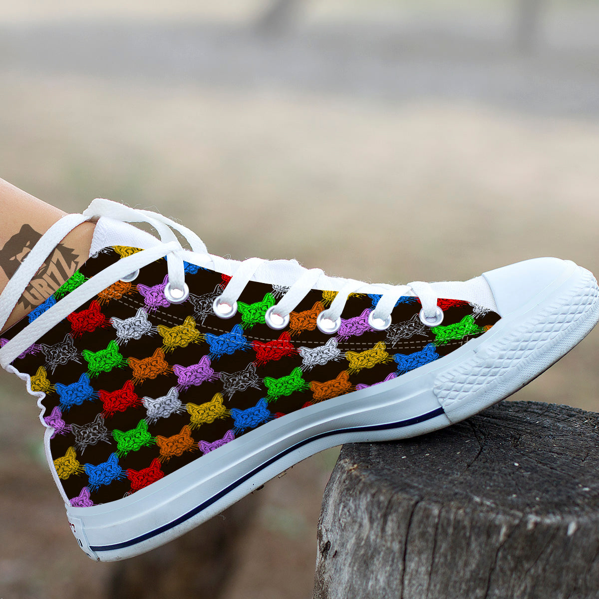Colorful Crazy Cat Print Pattern White High Top Shoes-grizzshop