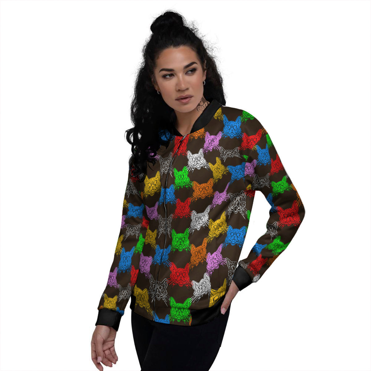 Colorful Crazy Cat Print Pattern Women's Bomber Jacket-grizzshop